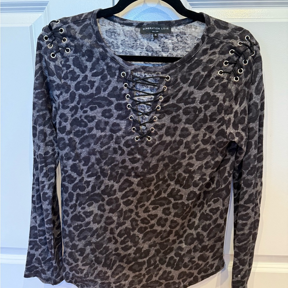 Generation Love Lace-Up Long Sleeve Blouse in Black and Gray